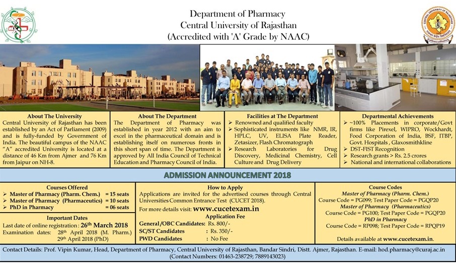 ADMISSION ANNOUNCEMENT DEPARTMENT OF PHARMACY CENTRAL UNIVERSITY OF RAJASTHAN